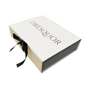 Custom luxury white magnet flap clothing paper box foldable magnetic closure gift boxes with black ribbon