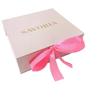 Custom Logo printed Hard cardboard Pink Ribbon Folding Luxury Rigid Packaging Large Magnetic Hamper Gift Box