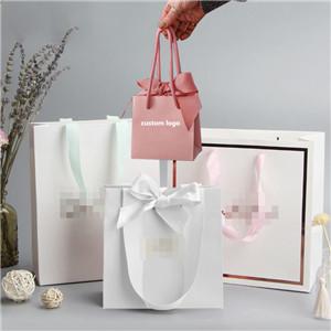 Boutique Clothing Jewelry Luxury Retail Customised Your Logo Gift Small Carry Paper Shopping Bags With Bow Tie Ribbon Handle